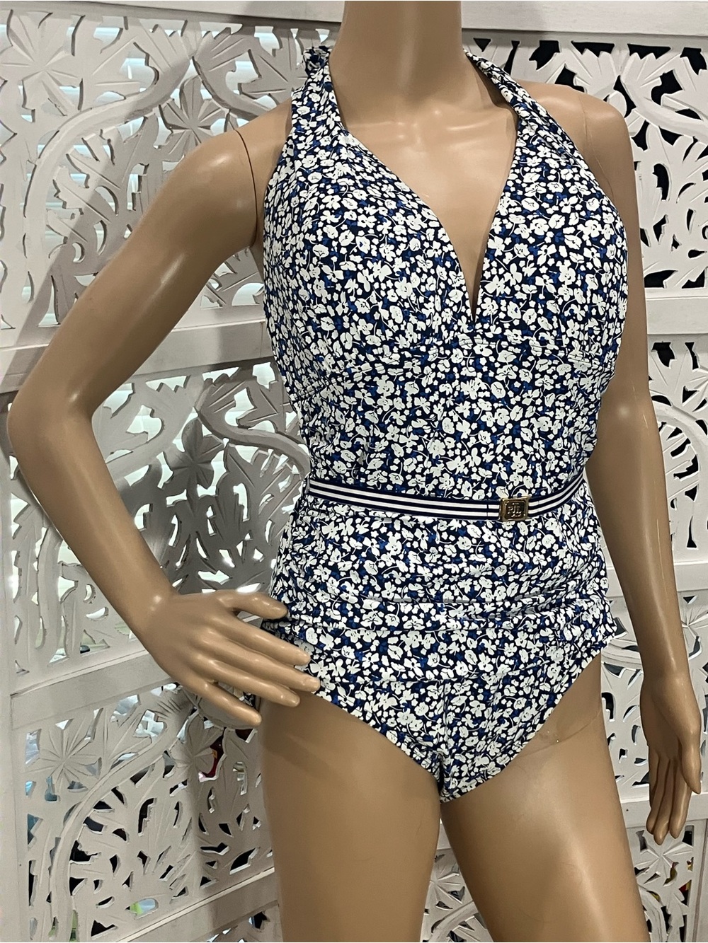 Lauren RALPH LAUREN Navy Floral Halter One-Piece Women’s Swimsuit